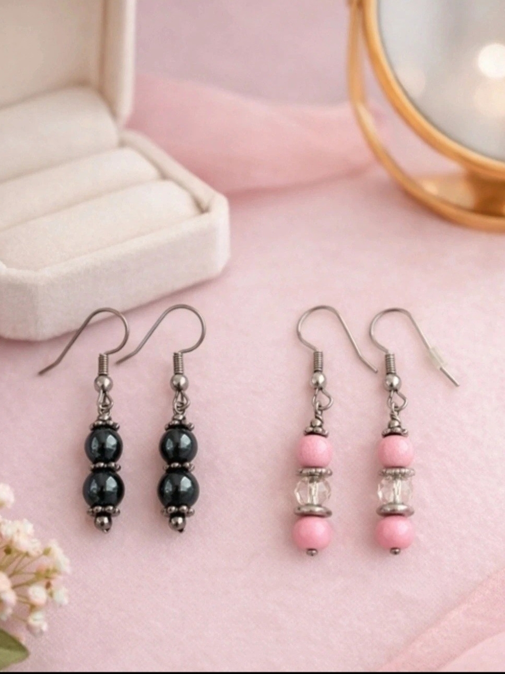 Handmade Pink and Black Beaded Drop Earrings - Women Jewelry